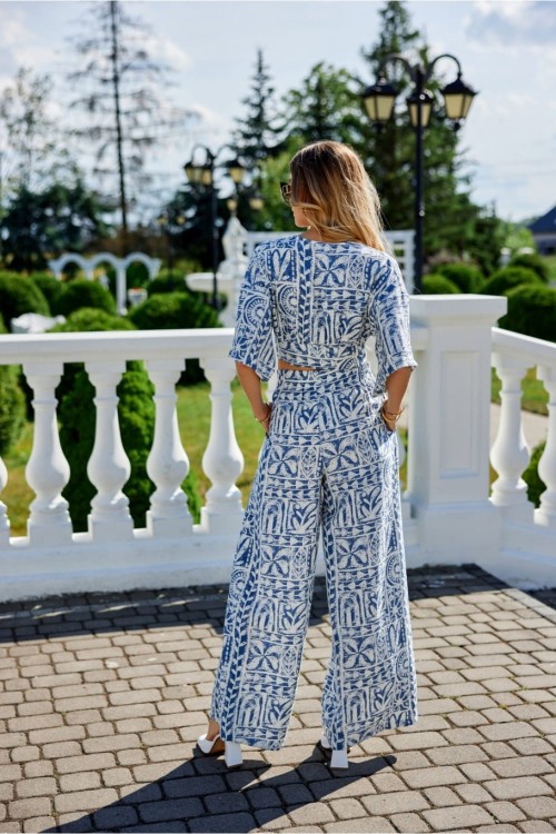 Boho białe spodnie z niebieskim wzorem