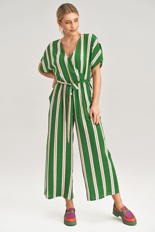 Kombinezon zielony w paski w stylu kimono