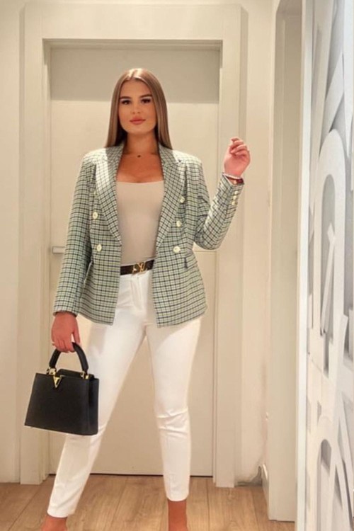 Elegancka marynarka power dressing w kratkę zieloną