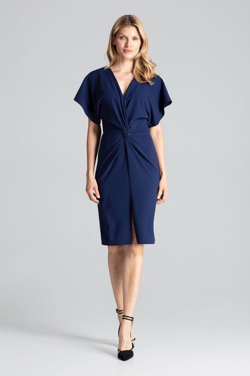 Granatowa sukienka midi w stylu inspirowanym latami 40