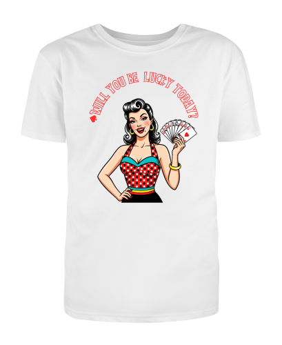 Koszulka rockabilly pin-up „Will You Be Lucky Today?” czarna vintage retro z nadrukiem kobiety i kart-White