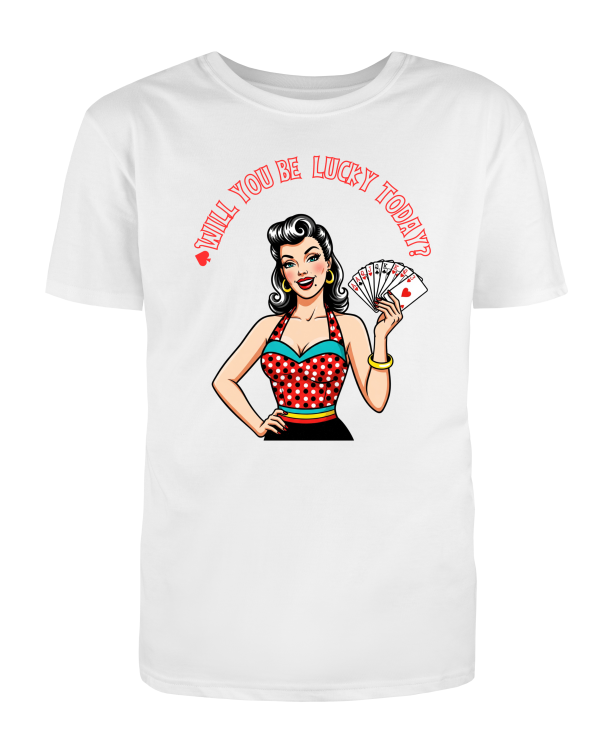 Koszulka rockabilly pin-up „Will You Be Lucky Today?” czarna vintage retro z nadrukiem kobiety i kart-White