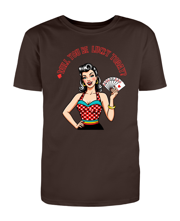 Vintage koszulka rockabilly z nadrukiem pin-up oraz napisem „Will You Be Lucky Today?”-Brown