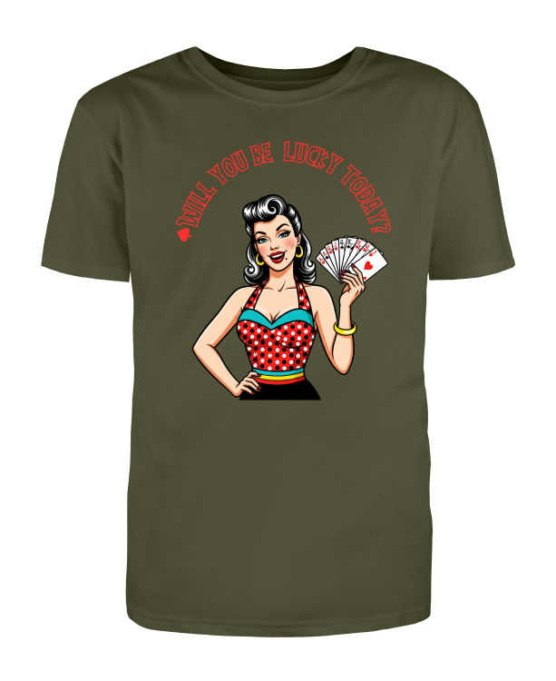 Bawełniana koszulka vintage z kolorowym nadrukiem rockabilly pin-up i kartami do gry - Urban Khaki