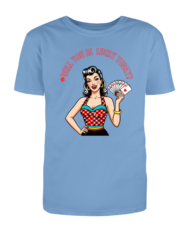 Koszulka oldschool rockabilly z kobiecą grafiką retro oraz motywem lucky cards-Sky Blue