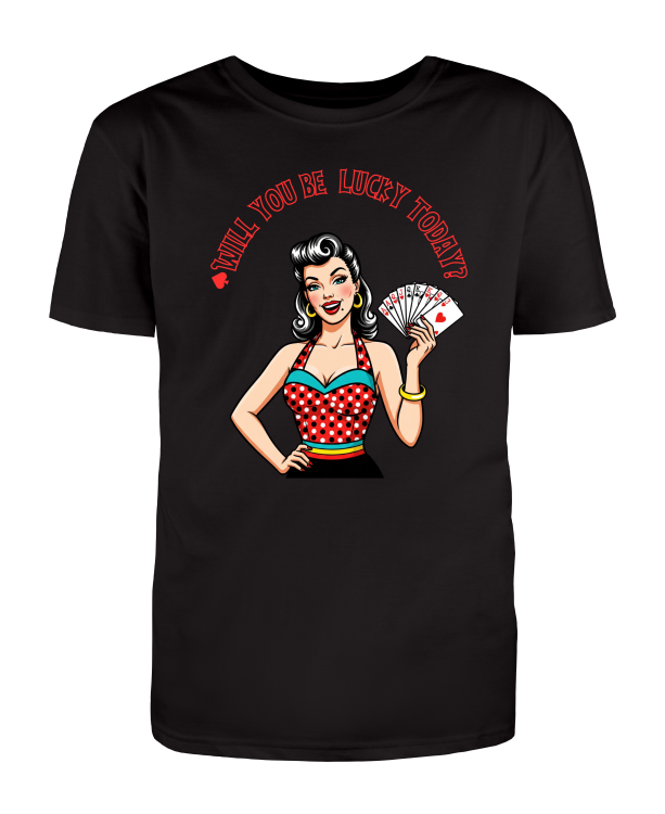 Czarny t-shirt retro 50s z grafiką pin-up girl i motywem lucky cards w stylu rockabilly-Black