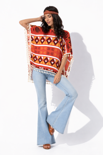Damskie Ponczo Boho Desert Sun – Etniczny Wzór &amp; Frędzle  Lekki Festiwalowy Kimono Style (2).png