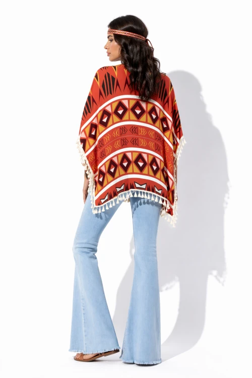 Damskie Ponczo Boho Desert Sun – Etniczny Wzór &amp; Frędzle  Lekki Festiwalowy Kimono Style (3).png