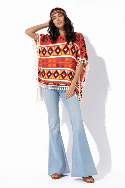 Damskie Ponczo Boho Desert Sun – Etniczny Wzór &amp; Frędzle  Lekki Festiwalowy Kimono Style (1).png
