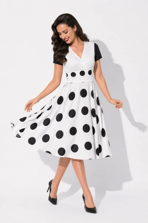 Sukienka Retro Lata 50. Pin-Up Rockabilly – Audrey Style  Biała w Czarne Grochy (2).png
