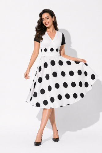 Sukienka Retro Lata 50. Pin-Up Rockabilly – Audrey Style  Biała w Czarne Grochy (1).png