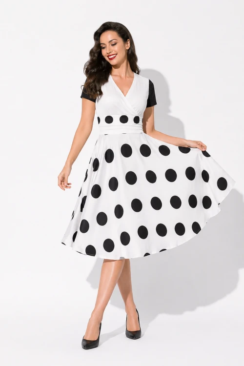 Sukienka Retro Lata 50. Pin-Up Rockabilly – Audrey Style  Biała w Czarne Grochy (1).png