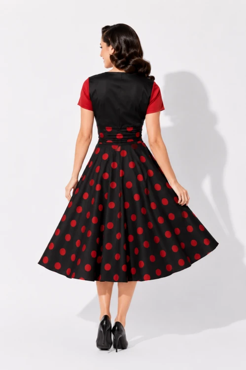 Czarna sukienka vintage pin up w czerwone grochy – widok tyłu modelki retro style