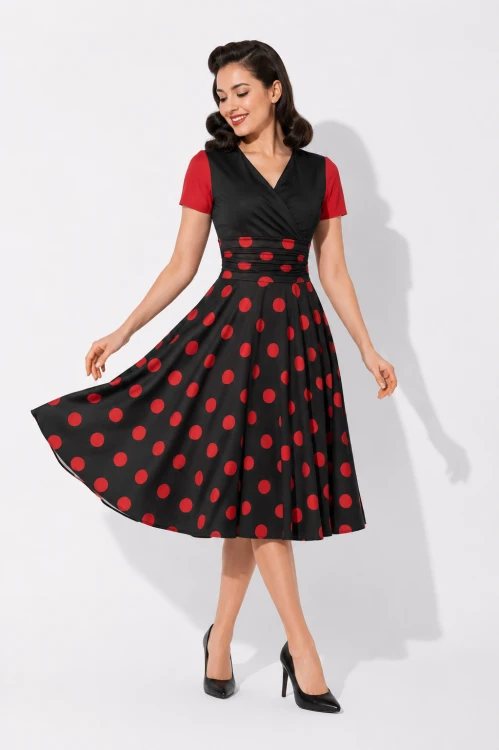 Rozkloszowana sukienka retro vintage w czerwone grochy – kobiecy styl pin up