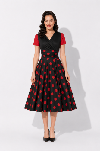 Sukienka rockabilly lata 50 czarna w czerwone grochy – stylizacja vintage z modelką