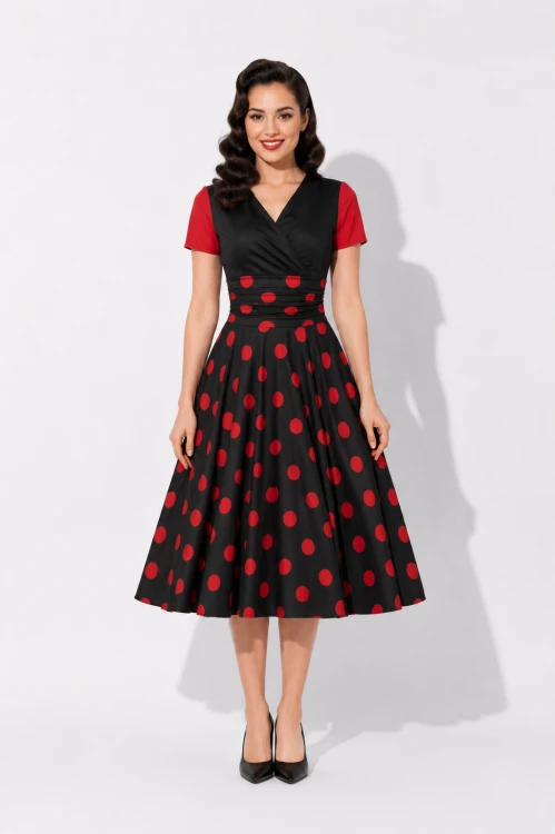 Sukienka rockabilly lata 50 czarna w czerwone grochy – stylizacja vintage z modelką