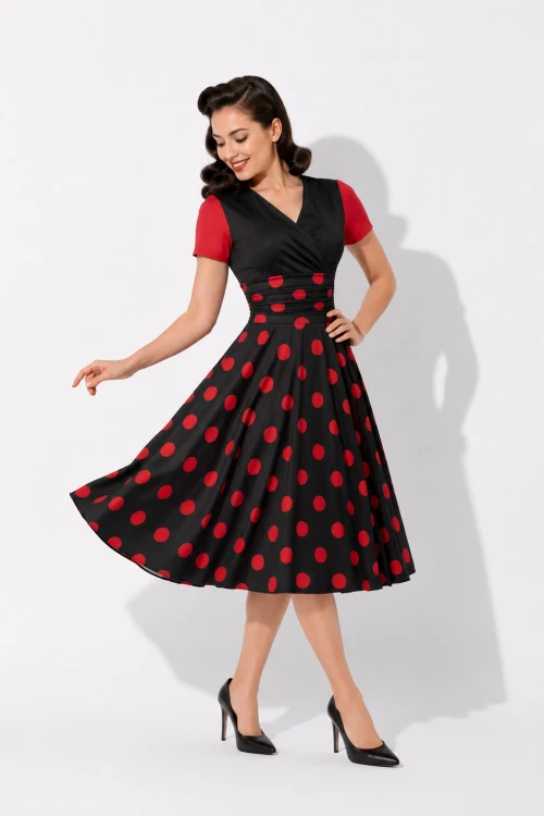 Czarna sukienka pin up lata 50 w czerwone grochy – modelka przód retro vintage