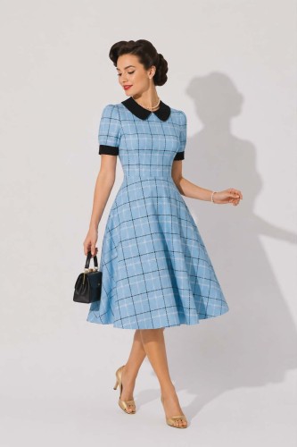 Błękitna Sukienka Pin Up w kratkę vintage  (2).jpg