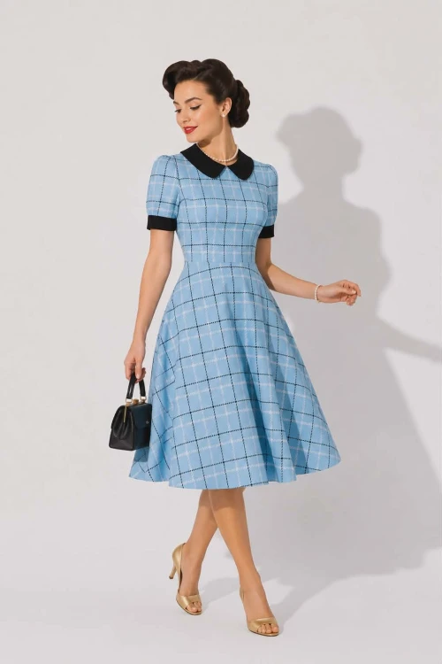 Błękitna Sukienka Pin Up w kratkę vintage  (2).jpg