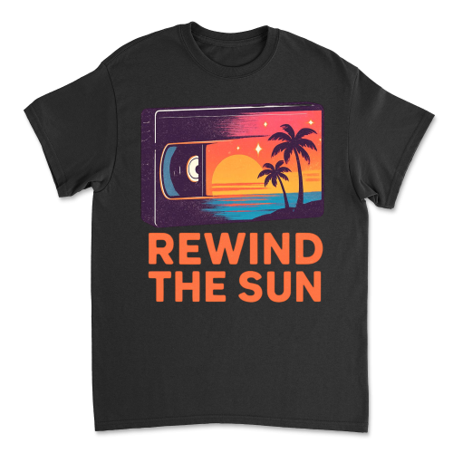 Koszulka Vintage Rewind The Sun – Retro Wave T-Shirt Lata 80 | Sunset VHS Edition Black