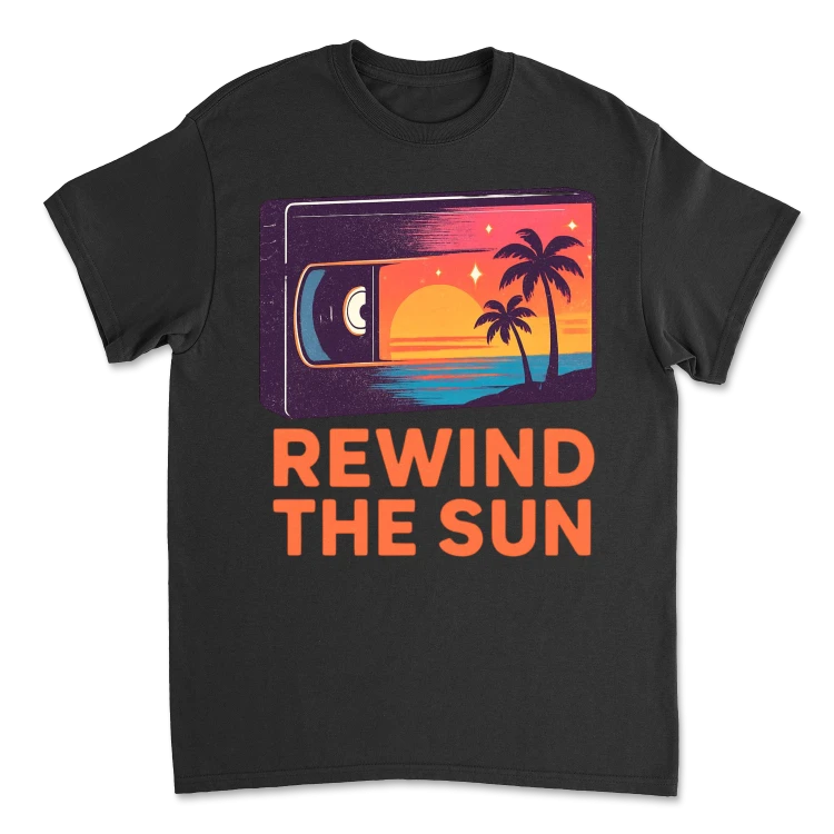 Koszulka Vintage Rewind The Sun – Retro Wave T-Shirt Lata 80 | Sunset VHS Edition Black