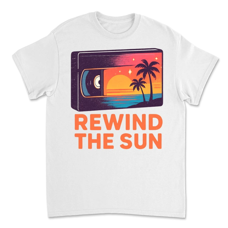 Koszulka Vintage Rewind The Sun – Retro Wave T-Shirt Lata 80 | Sunset VHS EditionWhite