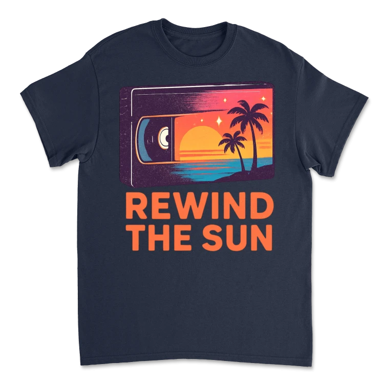 Koszulka Vintage Rewind The Sun – Retro Wave T-Shirt Lata 80 | Sunset VHS EditionNavy