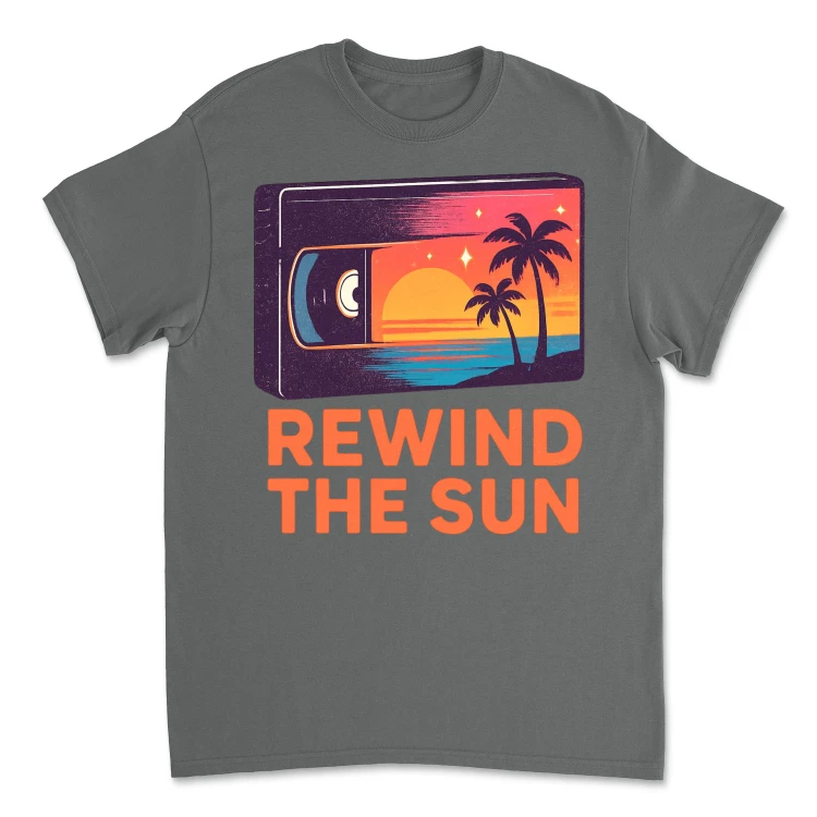 Koszulka Vintage Rewind The Sun – Retro Wave T-Shirt Lata 80 | Sunset VHS Edition Charcoal