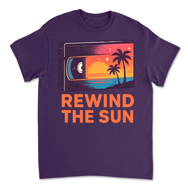 Koszulka Vintage Rewind The Sun – Retro Wave T-Shirt Lata 80 | Sunset VHS Edition Purple